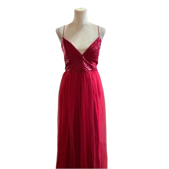 Fashion Nova Dress Cherry Red Ayana Corset Sequin Tulle Mesh Overlay Double Slit - Picture 3 of 16